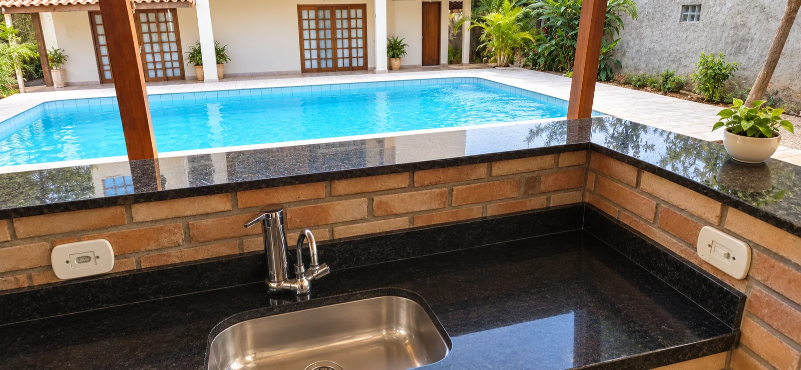 Entre a casa e a piscina