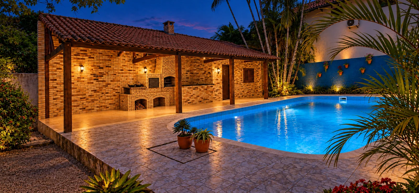 Imagine a piscina ao anoitecer